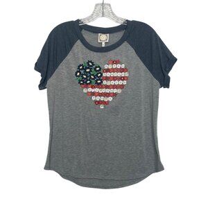 Truself Raglan Tshirt Floral Heart American Flag Graphic Womens Medium Blue Gray